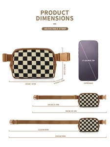 Checkered belt bag dimensions with adjustable strap length shown for iPhone 15 Pro Max size