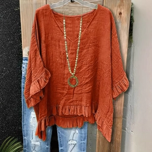 Damen V-Ausschnitt Baumwollshirt mit Rüschensaum und Ärmeln in hellem Orangerot