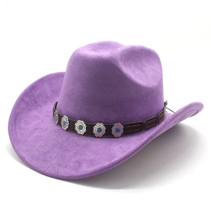 Detail of dark purple faux suede fedora featuring ethnic style band with turquoise accents