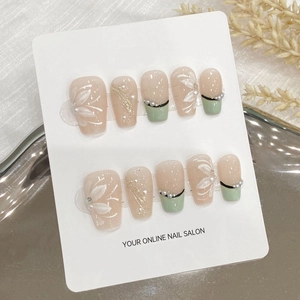 Handmade Press On Nails Mint Green French Tips Painted Flower Artificial Pearl Elegant False Nails Women