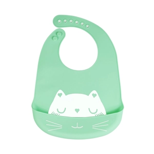 Mint green 3D silicone baby bib with white cartoon cat pattern and adjustable neck strap