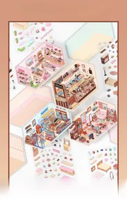 Close-up of 2.5D miniature cartoon room scene DIY PET stickers in macaron colors