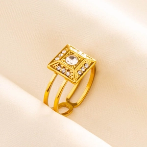 Adjustable gold plated 304 stainless steel geometric ring with round zircon inlay