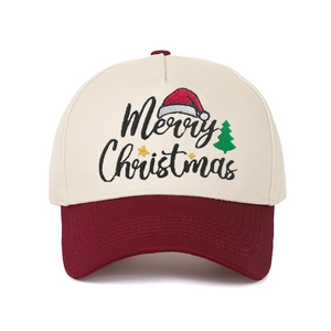 Detailed embroidery of Merry Christmas text and festive patterns on a baseball cap