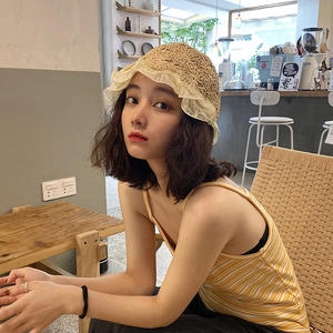 Women Straw Bucket Hat Crochet Hollow Chiffon Lace Ruffle Edge Summer Sun Beach Sunscreen Foldable Japanese Style