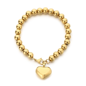 Bracciale di perle in acciaio inossidabile oro 18K con un ciondolo a forma di cuore 3D
