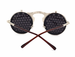 Macro detail of retro punk metal flip-up sunglasses with dark pinhole textured lenses