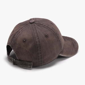 Vintage dark coffee washed cotton baseball cap with distressed details and metal buckle
