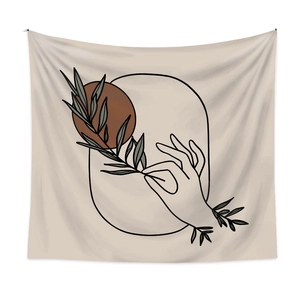 Bohemian minimalist tapestry with hand holding tree branch line art on beige fabric