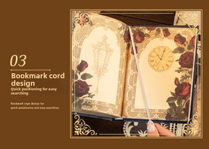 Close-up of vintage journal with gray silk ribbon bookmark and retro clock illustrations