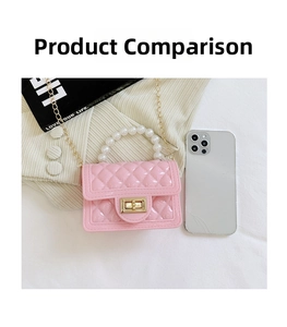 Pink jelly mini bag with quilted pattern and pearl handle next to phone for size reference