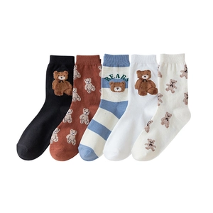 Five-pack of cute bear crew socks in blue, white, and brown cotton knit for women
