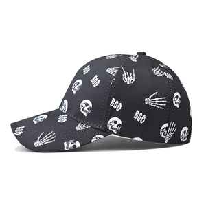 Graffiti skull and skeleton hand print cotton baseball cap in black and white street style