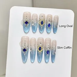 Vintage Luxury Blue Gradient Cat Eye Press On Nails With 3D Charms And Rhinestones Handmade Royal Style Artificial Fake Nails