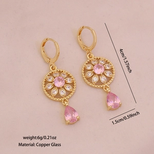 Detailed size specifications for vintage gold hollow earrings with pink glass stones