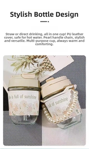 Detail view of stylish glass tumbler with floral PU sleeve and pearl handle strap