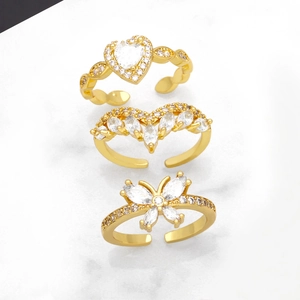 Butterfly Heart V Shape Adjustable Open Rings Copper Gold Plated White Zircon Fashion Jewelry For Women