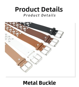 Detail showing four colors of star-studded belts with iron buckles on white background