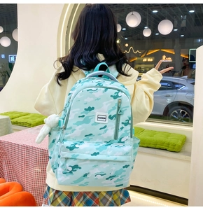 Rear view of light blue camo backpack with fashion label and white plush charm detail