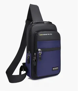 Detail view of water-resistant oxford fabric crossbody bag with blue contrast stitching
