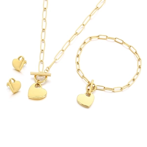 Gold-plated stainless steel jewelry set featuring heart charm paperclip necklace and earrings