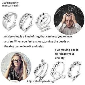 Set of 6 rotating silver anxiety rings for women with movable beads for stress relief