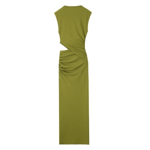 Abito lungo senza maniche verde oliva con dettaglio cut-out in vita e arricciature