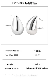 Detailed size specifications for S925 sterling silver water drop earrings in 13.7mm by 8.6mm