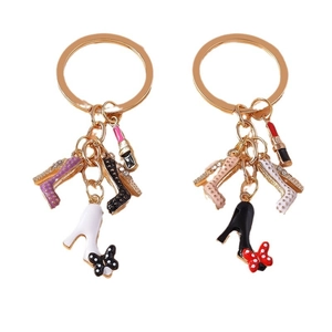Golden high heel keychain with enamel lipstick and polka dot bow charms for handbag