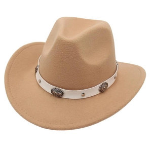 Ethnic wide brim western cowboy hat in camel wool felt with white leather belt