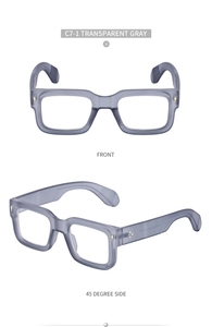 Detailed front and side views of transparent gray square frame sunglasses model C7-1
