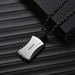 Men's stainless steel necklace with silver and black rectangular pendant on rope chain