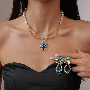 Vintage Court Style Necklace And Earrings With Faux Artificial Pearls Blue Water Drop Gemstone Rhinestone Bow Silver Earring Post