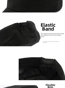 Detail of black cotton flat top hat featuring adjustable elastic back and curved brim