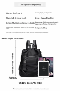 Detailed size specifications for a black nylon backpack with multi-way carry options