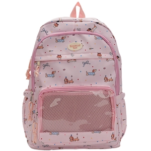 Pink dachshund print backpack featuring a clear front compartment for pin display