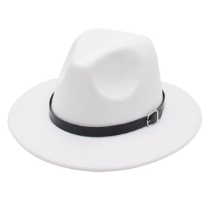 Detail of white wool fedora hat featuring a black leather band with a silver buckle