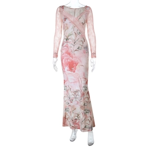 Elegant pink floral long-sleeved midi dress with lace V-neck and slim-fit fisheye hemline