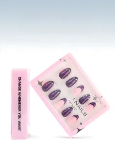 Detail of 30pcs French purple cat eye press-on nails with marble design in packaging