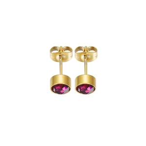 Gros plan de boucles d'oreilles en acier doré avec cristaux de naissance rouge pourpre