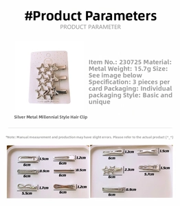 Detailed size chart for silver Y2K metal star and heart-shaped hollow hair clips