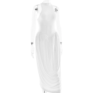 Detail of white sleeveless ruched maxi dress with elegant drape and pleated stretchy fabric