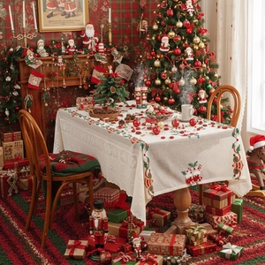 Embroidered Santa Claus Christmas Tablecloth Polyester Lace Table Cover For Holiday Party Home Dining Room Decor