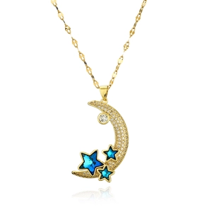 Gold-plated crescent moon and star pendant necklace with white diamonds and blue crystals