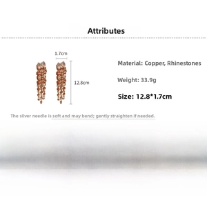Detail specifications of tassel earrings showing size 12.8cm, copper material and weight