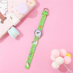 Detail of cute mint green unicorn quartz watch with embossed 3D rainbow silicone strap