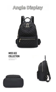 Three angles of black quilted nylon backpack featuring golden zippers and adjustable straps