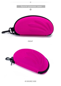 Macro view of shockproof rose red EVA glasses case with zipper and rotating hook