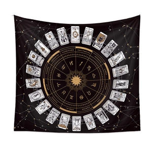 Bohemian black tapestry featuring gold zodiac wheel and tarot card patterns on starry background