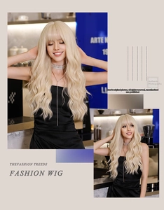 Detail shot of long wavy platinum blonde wig with airy bangs and voluminous texture